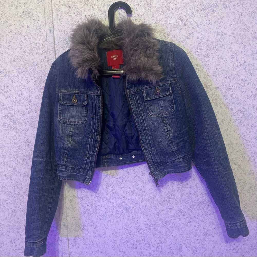 Miss Lili Jacket Juniors Small Denim Long Sleeve Faux Fur Collar Coat